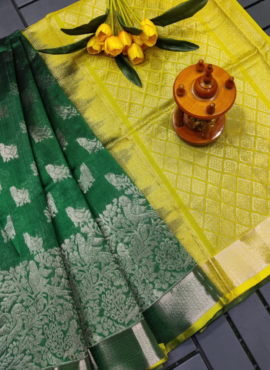 Green and lemon yellow Kuppadam kanchi border sarees