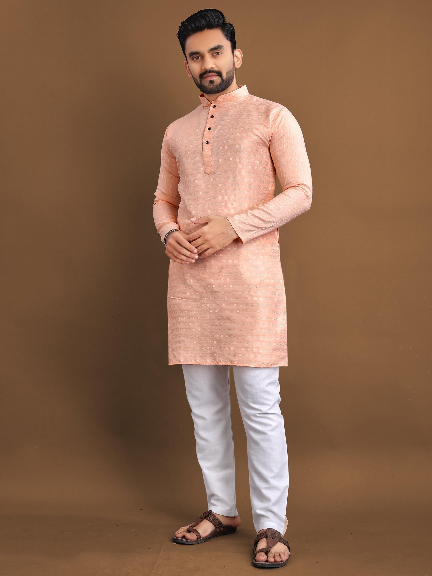 Peach Men's ethnic wear kurta and pyjama set