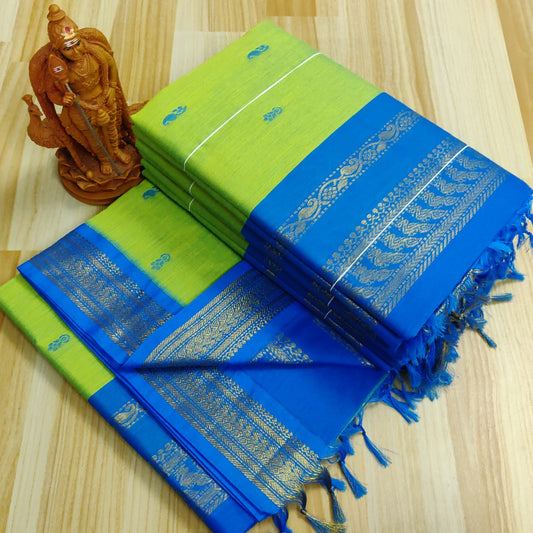 Apple green and light blue kalyani cotton sarees