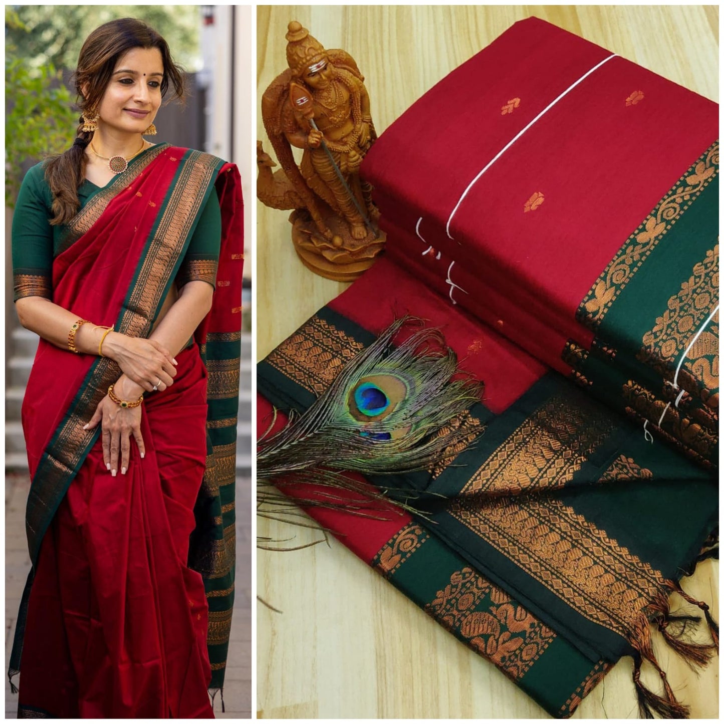 Maroon red and dark green kalyani cotton sarees