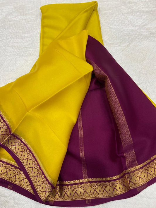 Yellow Pure Mysore crepe silk sarees