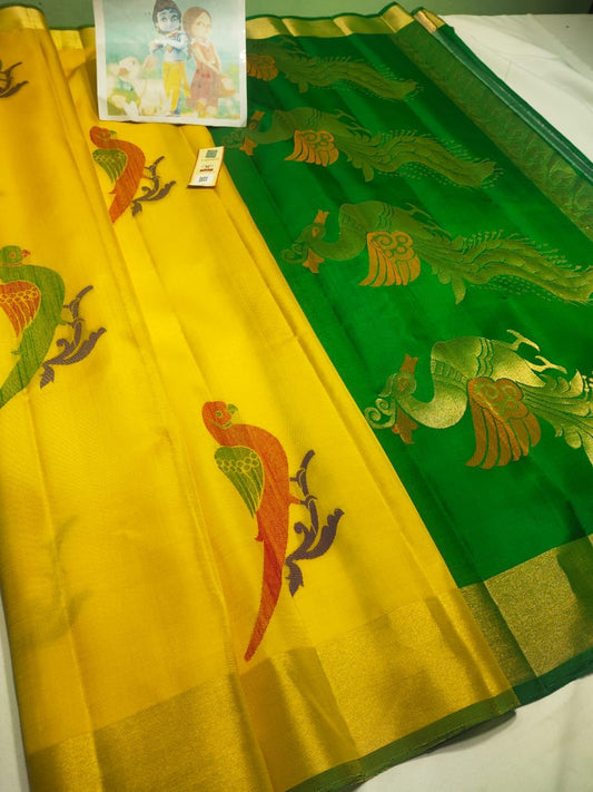 Yellow and dark green Pure kanchipuram silk sarees