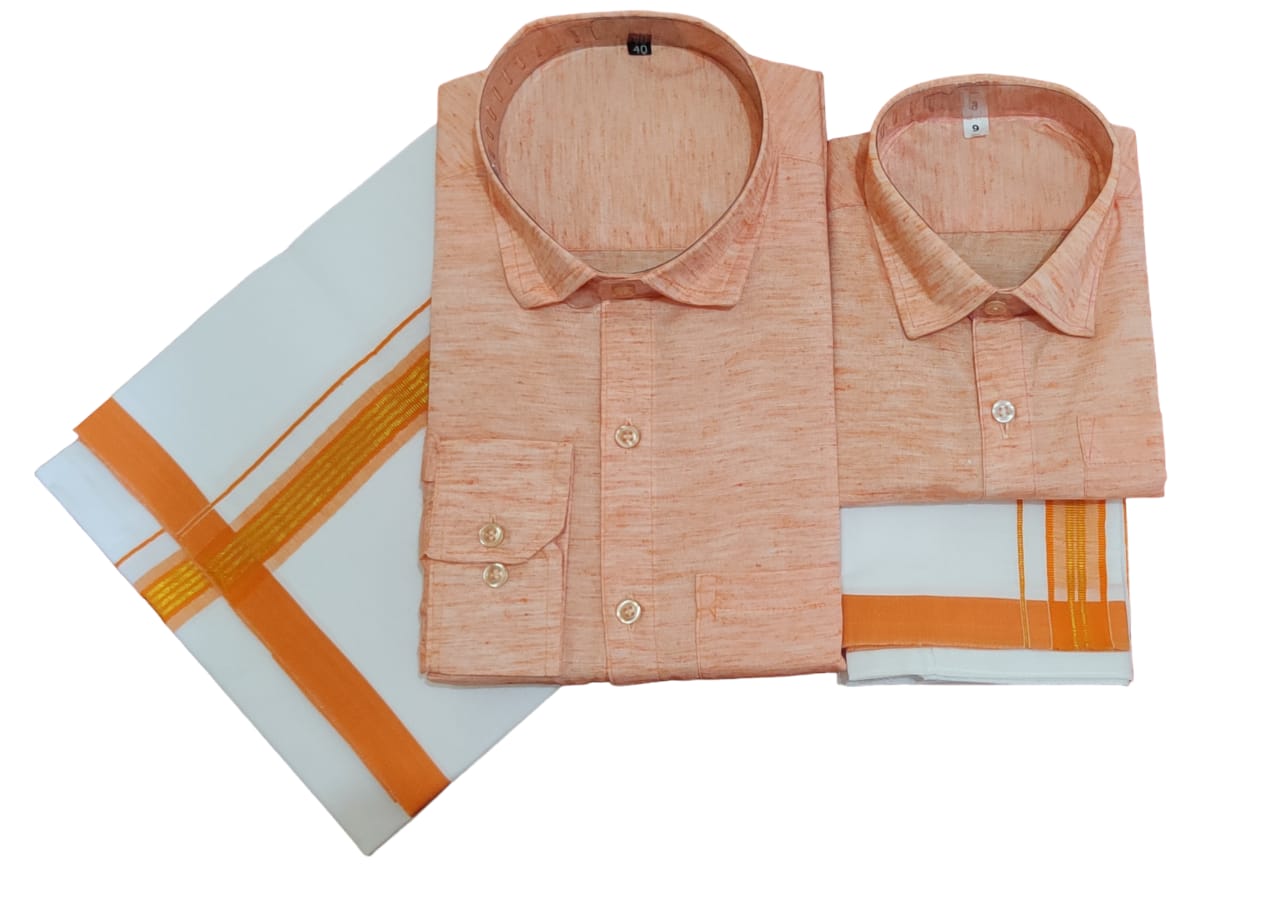 Orange cotton linen shirt and dhoti set. Father and son combo