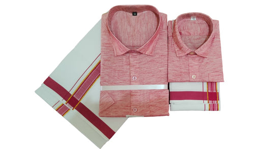 Pink cotton linen shirt and dhoti set. Father and son combo