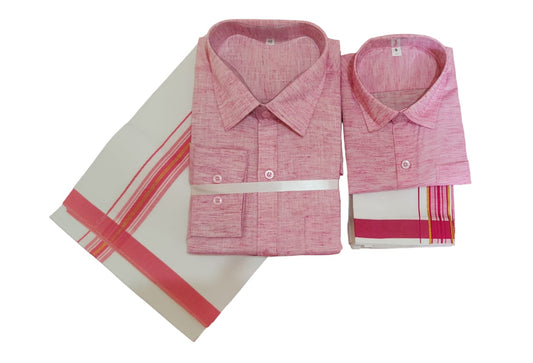 Pink cotton linen shirt and dhoti set. Father and son combo