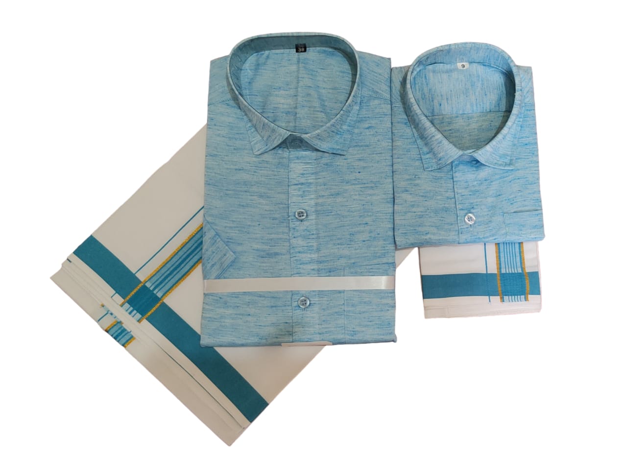 Blue cotton linen shirt and dhoti set. Father and son combo