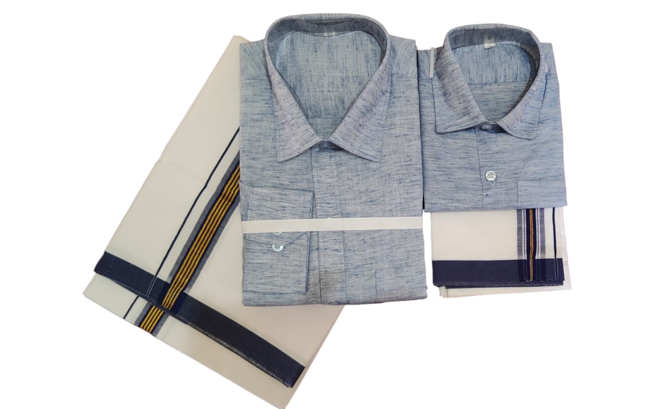 Grey cotton linen shirt and dhoti set. Father and son combo