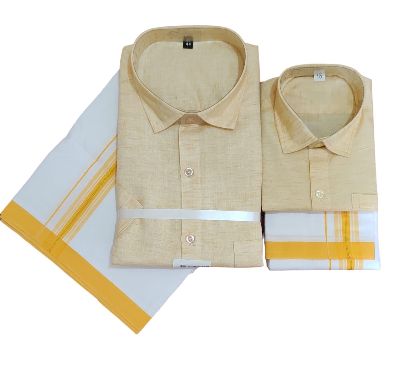 Sandal cotton linen shirt and dhoti set. Father and son combo