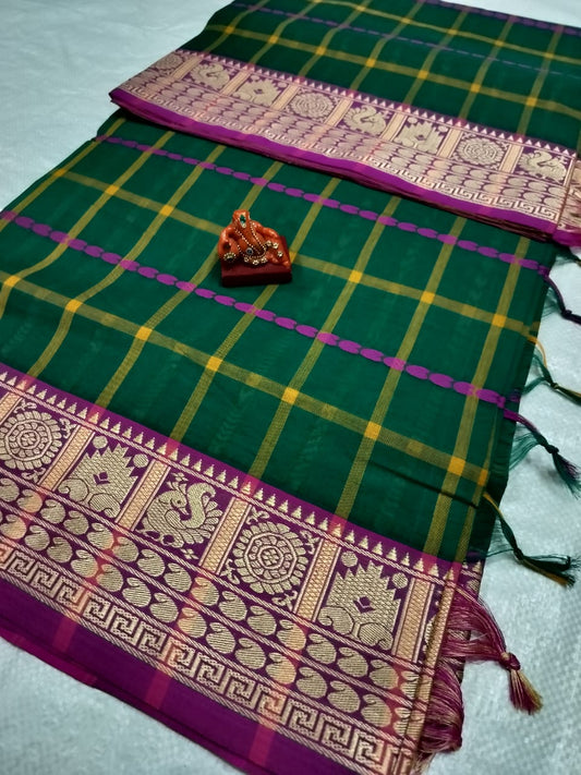 Bottle Green Narayanpet Cotton checks  sarees