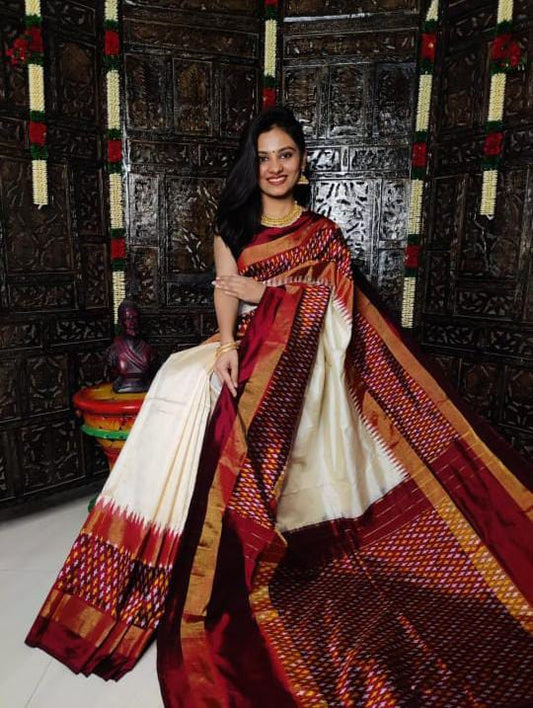 Cream and Maroon ikkat plain silk sarees