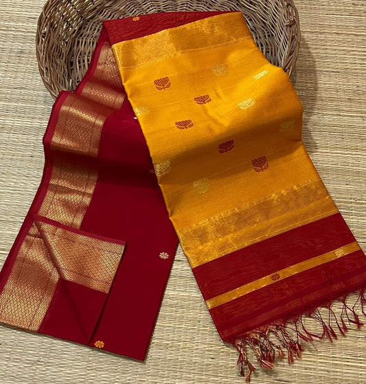 Red and Mango yellow Maheshwari sarees