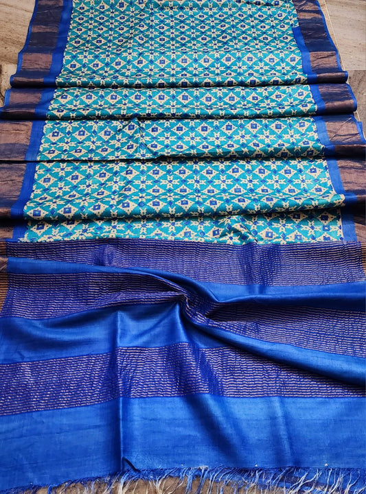 Sky blue pure tussar silk printed sarees