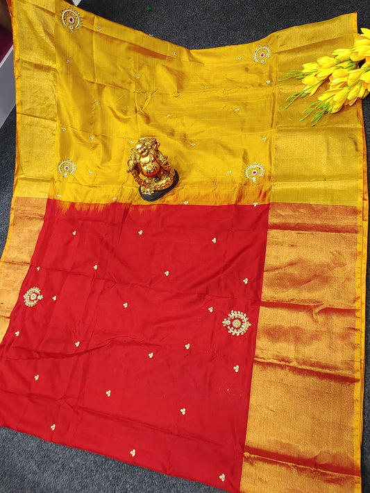 Red and yellow Uppada Maggam Work Sarees