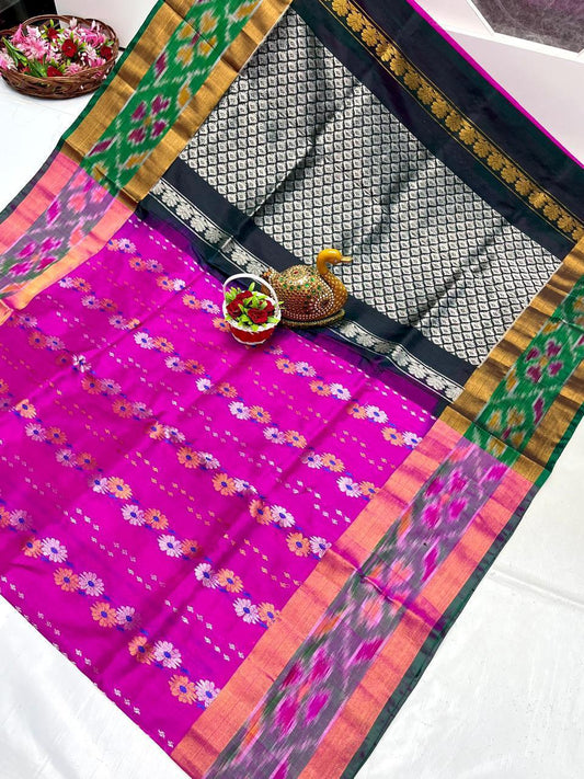 Dark pink Uppada sarees with pochampally border