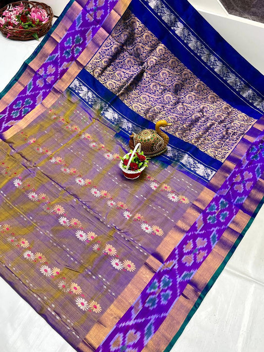 Purple gray Uppada sarees with pochampally border