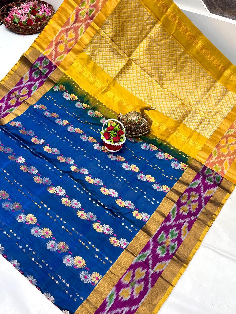 Blue Uppada sarees with pochampally border