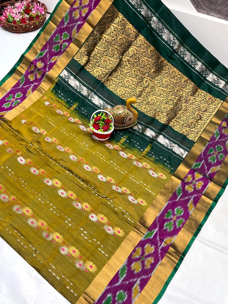 Mehendi green Uppada sarees with pochampally border