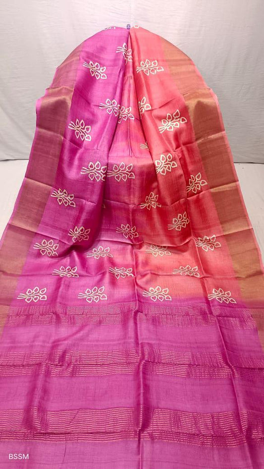 Pink and peach tussar silk hand block printed sarees