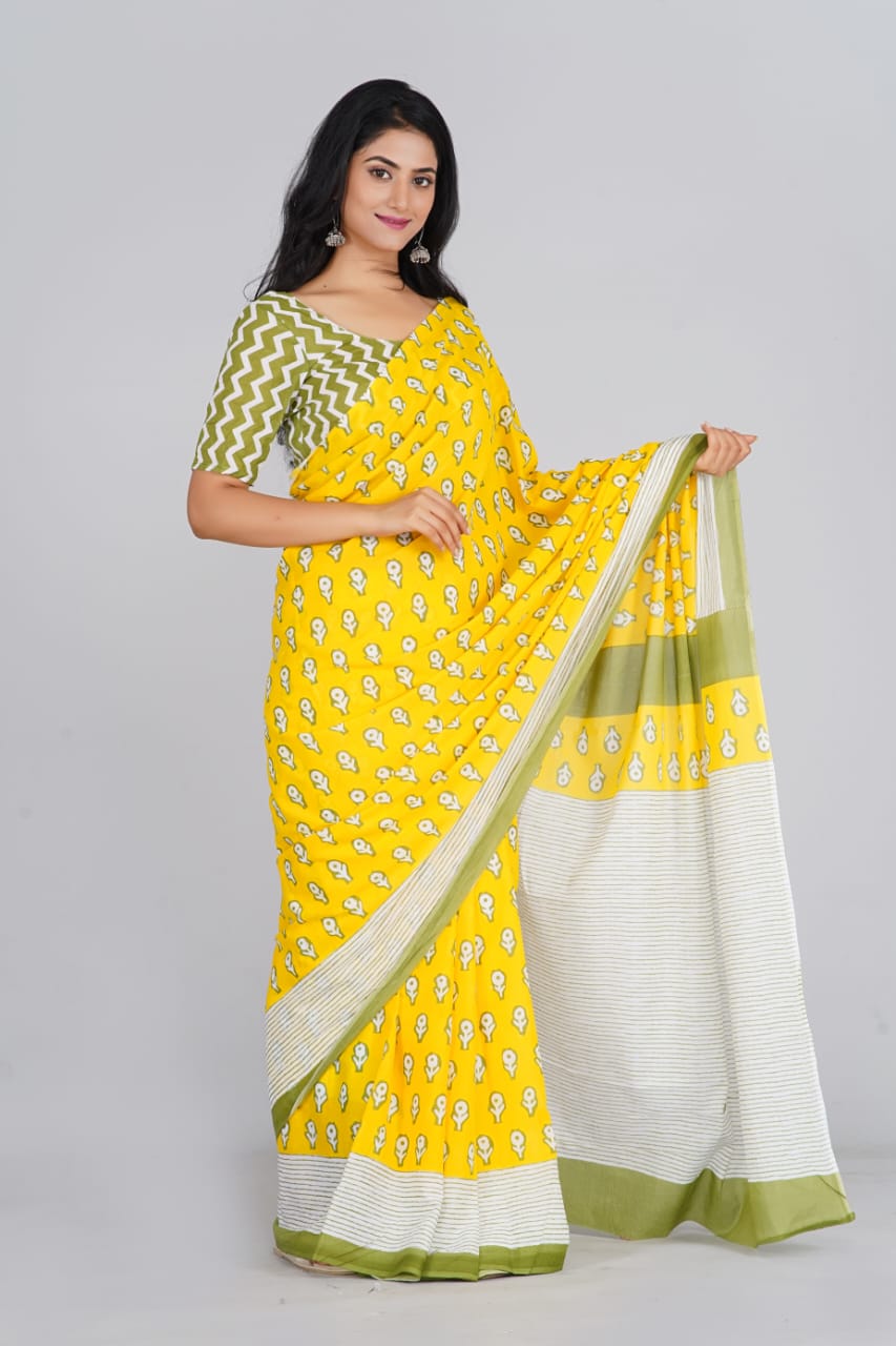 Yellow and green mulmul cotton sarees