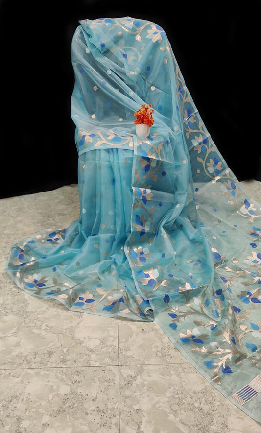 Sky blue pure Muslin organza silk sarees