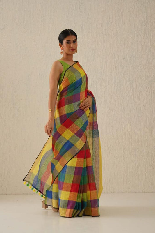 Multicolor 120 counts linen by linen checks sarees