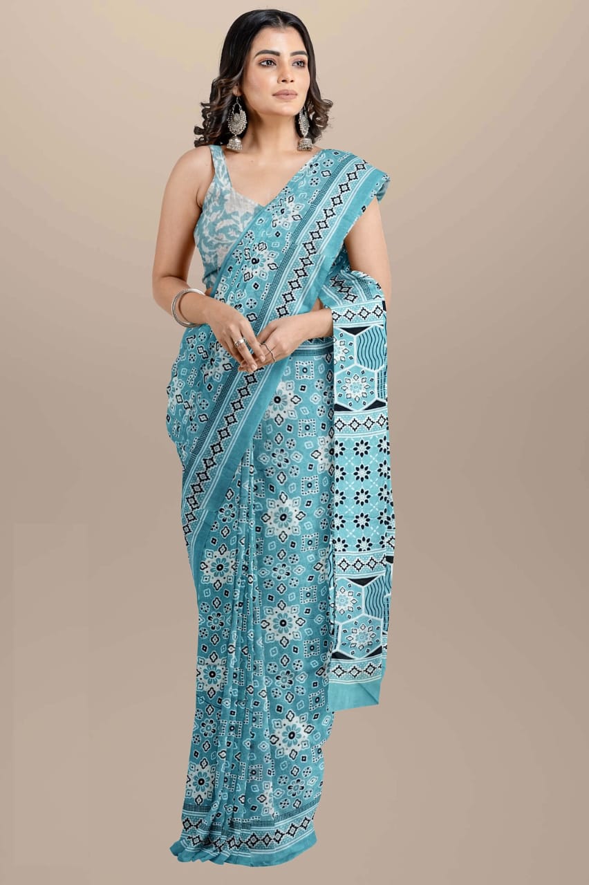 Light blue Handblock printed mulmul cotton sarees