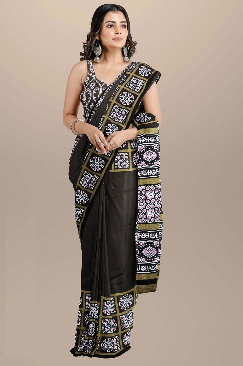 Black Handblock printed mulmul cotton sarees