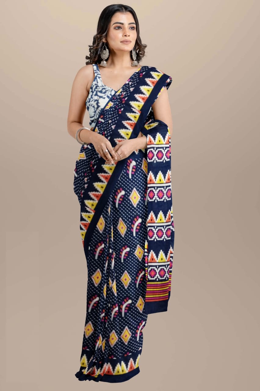 Dark navy blue Handblock printed mulmul cotton sarees