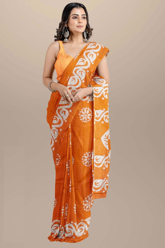 Orange Handblock printed mulmul cotton sarees