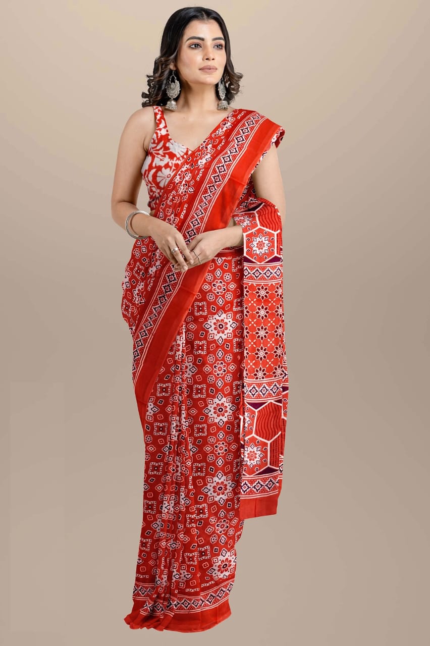 Brick red Handblock printed mulmul cotton sarees