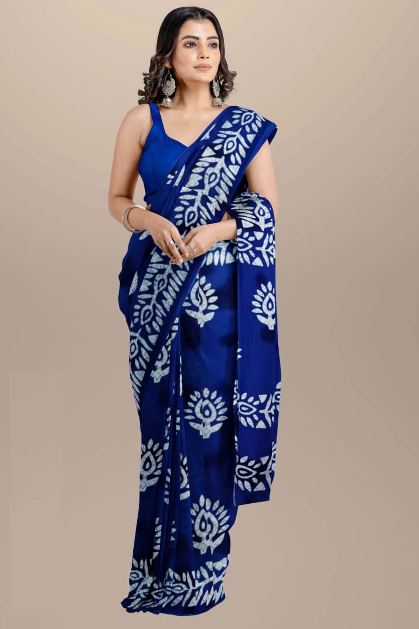 Navy blue Handblock printed mulmul cotton sarees