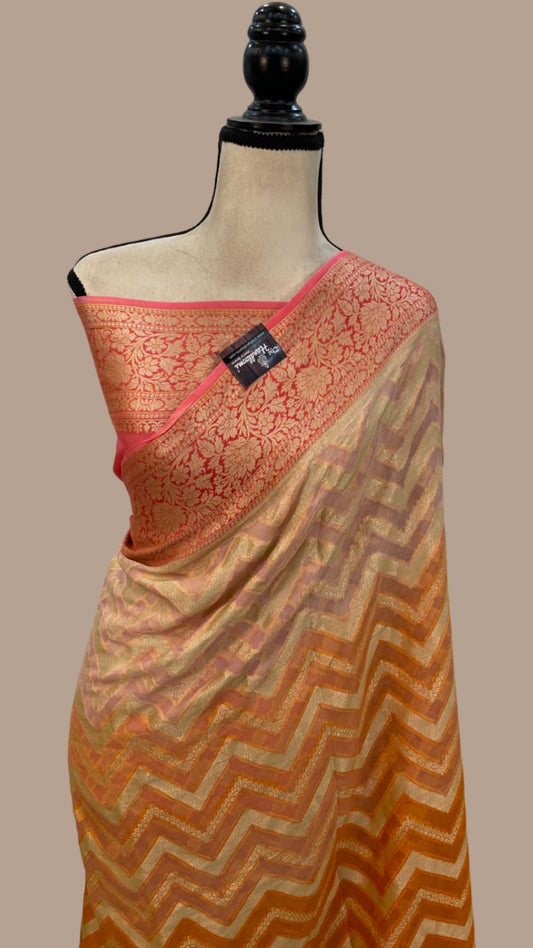 Beige and pink peach pure handloom banarasi chiffon sarees