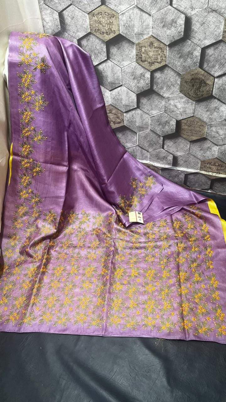 Lavender pure tussar silk embroidery sarees