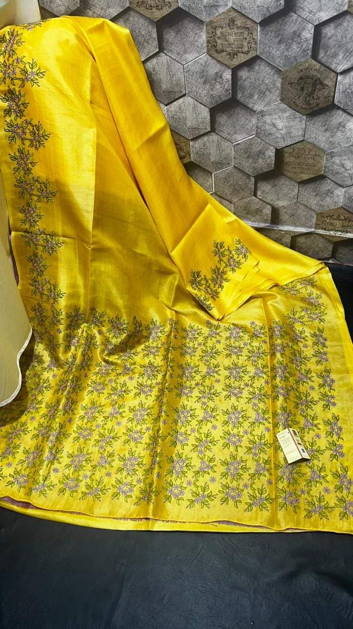 Yellow pure tussar silk embroidery sarees