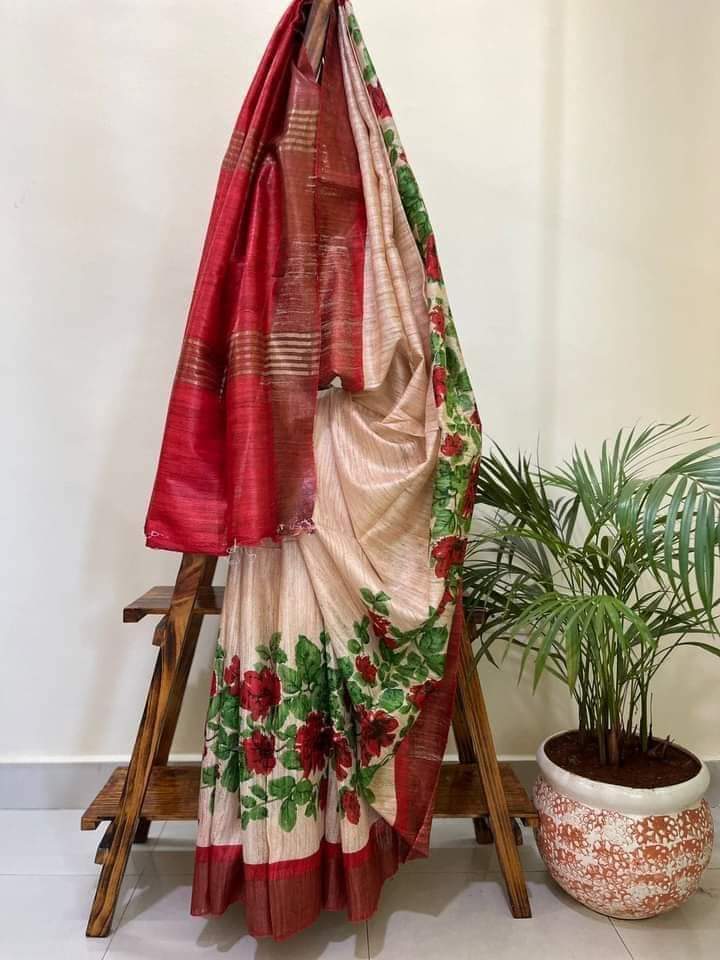 Pastel with maroon red Pure Tussar gicha screen print sarees