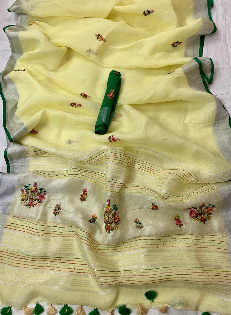 Light yellow Linen French Knot embroidery sarees