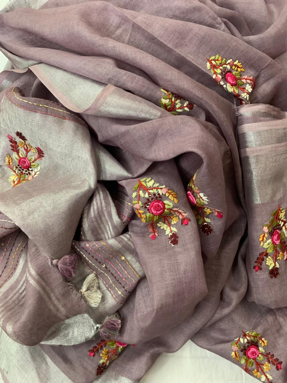 Brownish pink Linen French Knot embroidery sarees