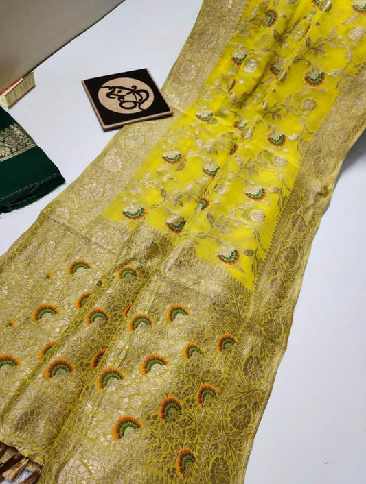 Yellow Banarasi semi georgette silk sarees