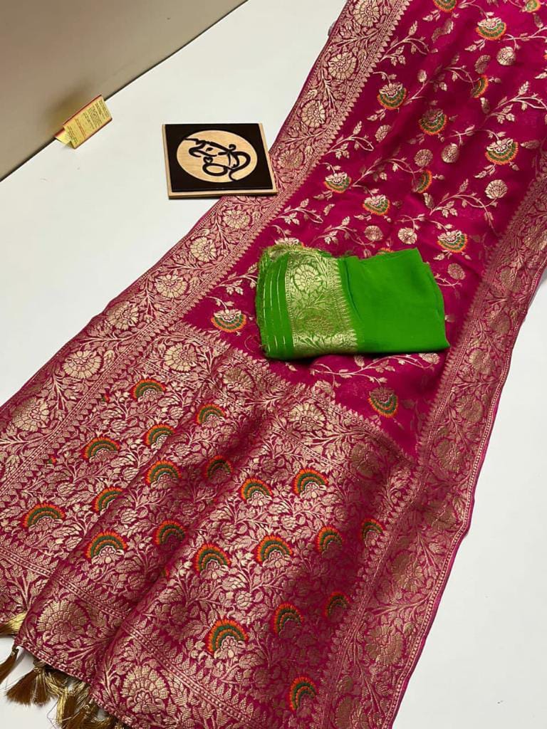 Rani pink Banarasi semi georgette silk sarees