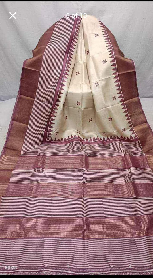 Cream block print tussar silk sarees