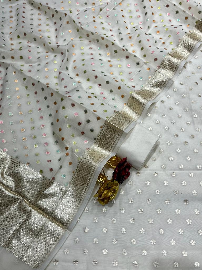 White pure banarasi cotton silk suits