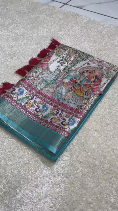 Sea blue tussar silk sarees with madhubani print