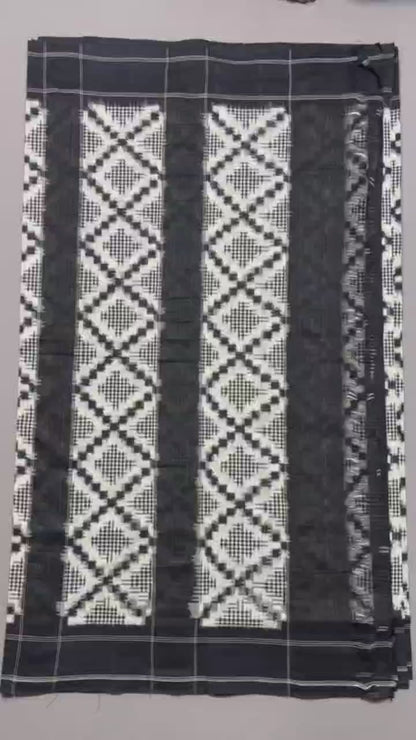 Black and white telia rumal ikkat cotton sarees