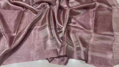 Rose pink Pure handloom Tussar tissue silk sarees