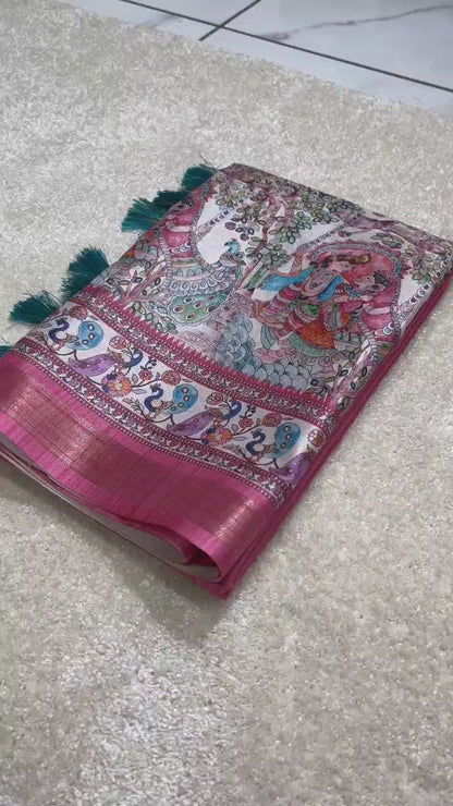 Pink tussar silk sarees with madhubani print