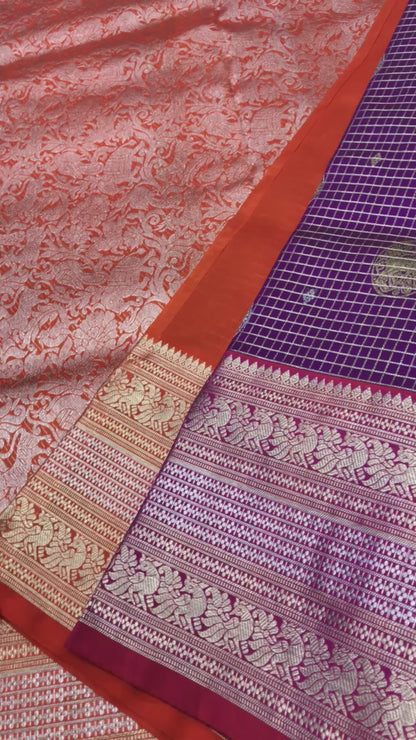 Dark purple with orange Pure Venkatagiri silk sarees