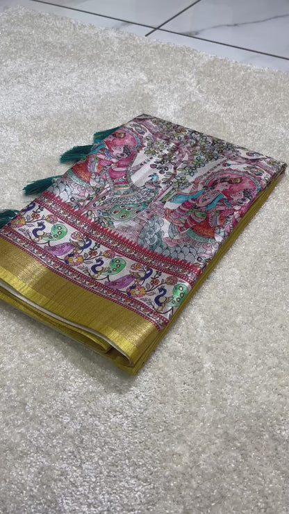 Mustard yellow tussar silk sarees with madhubani print