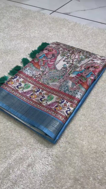 Sky blue tussar silk sarees with madhubani print