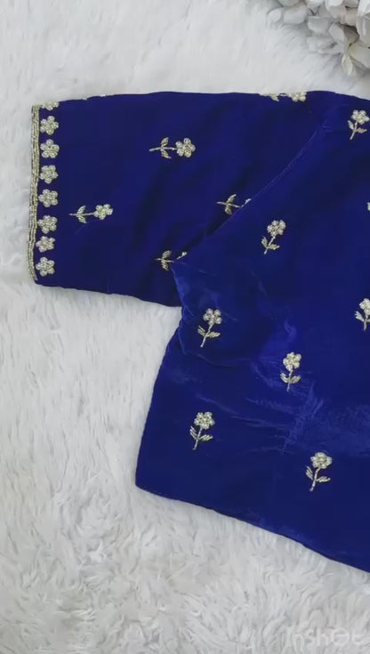 Royal blue readymade velvet pearl work blouse