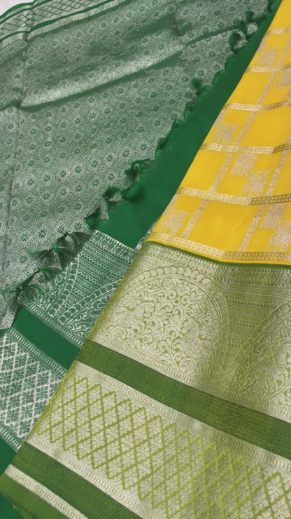 Yellow with dark green Pure Venkatagiri silk sarees